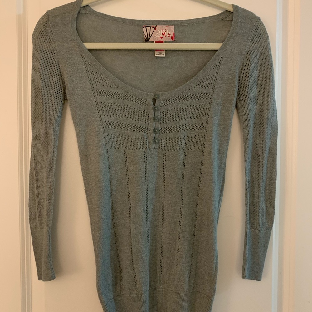Mango Sage Green Sweater w/ button & eyelet detail